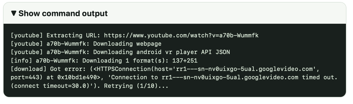 Save It! showing a YouTube media connection timeout and retry