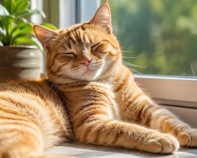 An AI-generated orange cat sitting in sunlight by a window