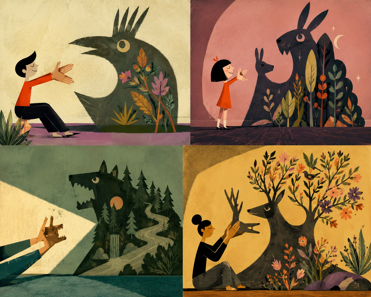 Four generated shadow puppet concept images showing hands casting animal-shaped shadows with botanical details.