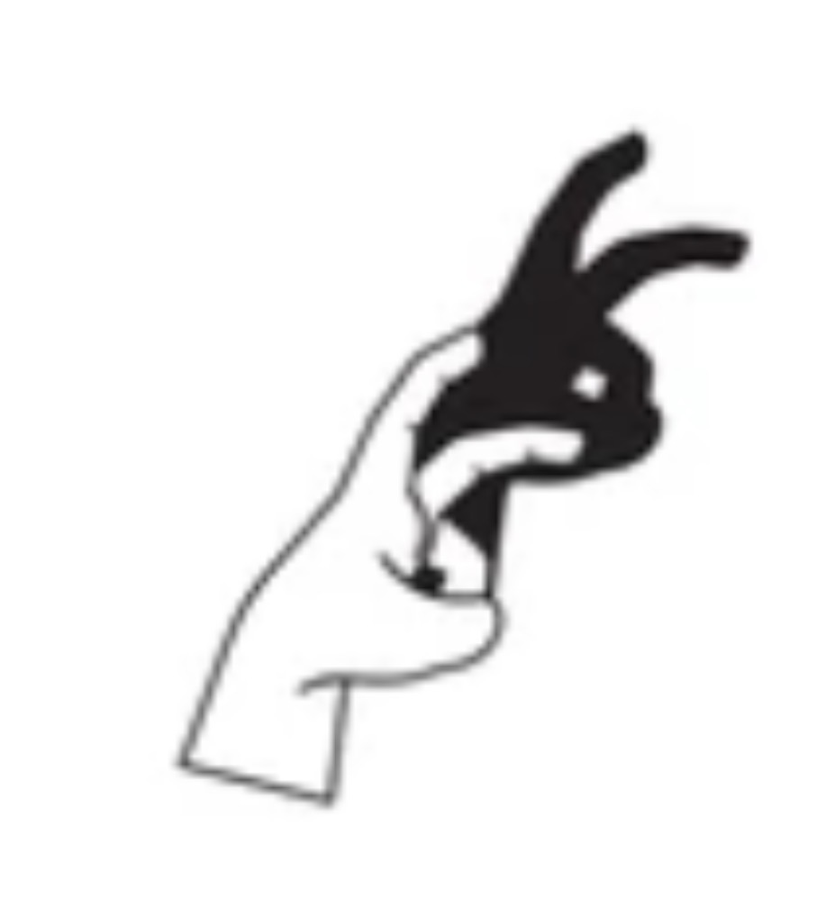 A rough black and white sketch of a hand forming a bird-like shadow puppet.