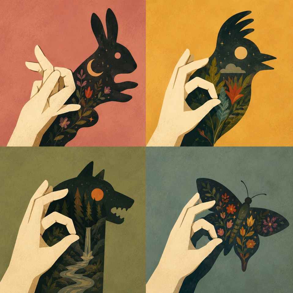 Four generated bird shadow puppet directions with floral details inside the shadow shapes.