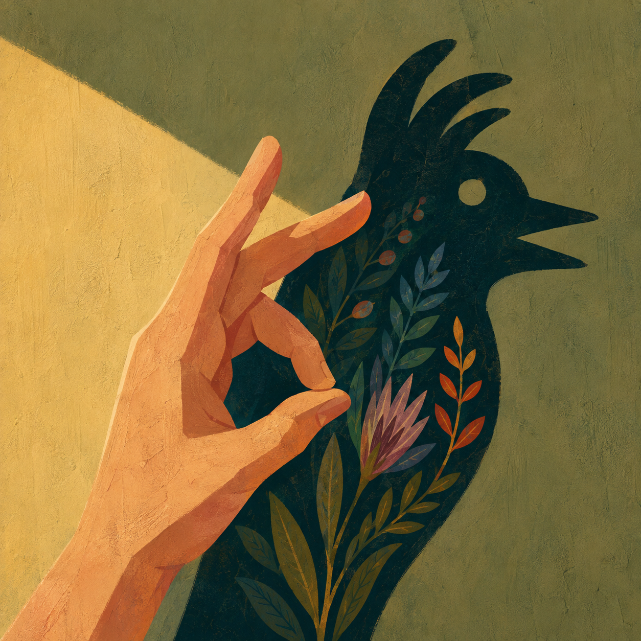 The foundational image of a hand in warm light casting a dark bird shadow filled with flowers.