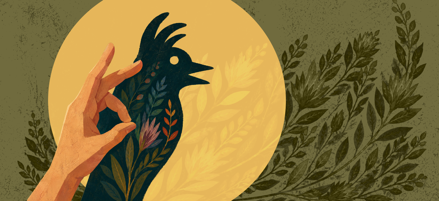 A Photoshop mockup combining the hand and bird shadow with wallpaper-like botanical forms in the background.