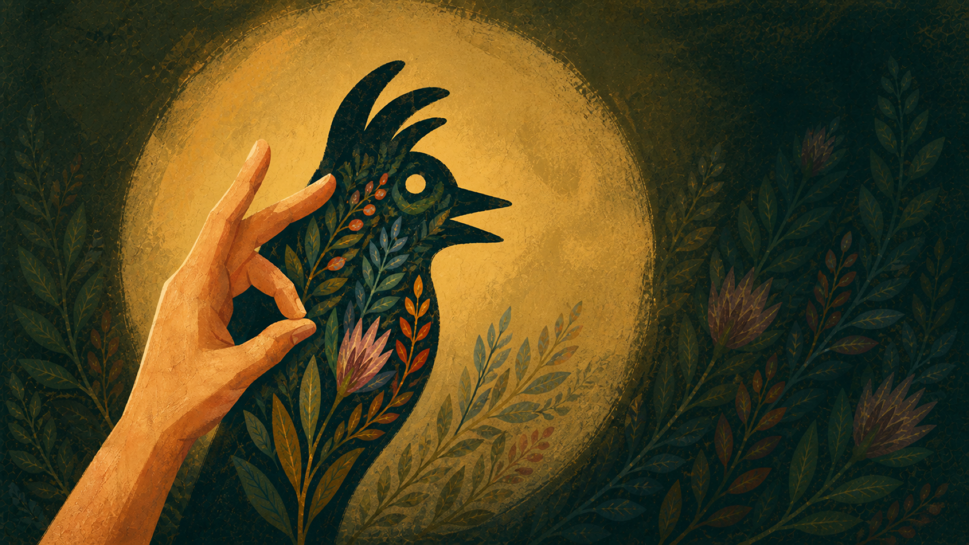 First cover variation with a bright circular spotlight, hand, bird shadow, and hidden botanical background.