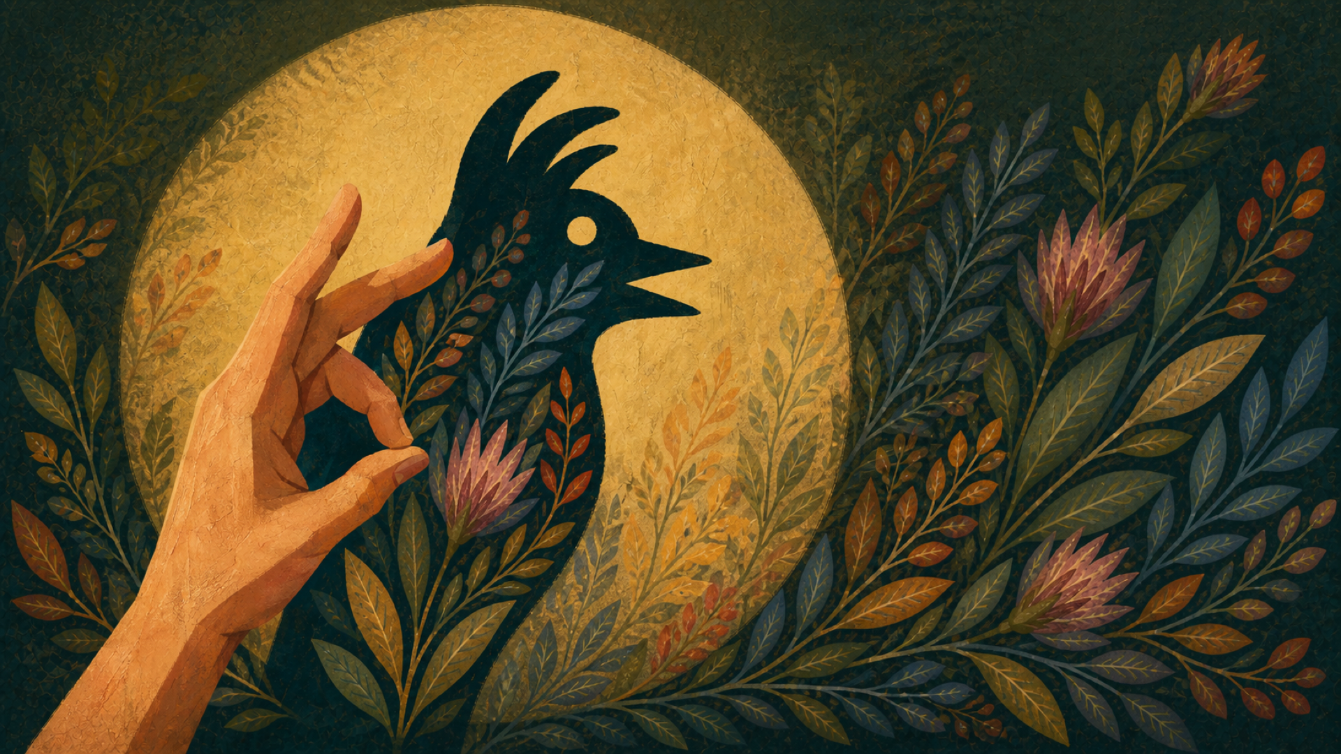 Second cover variation with a brighter botanical wallpaper effect around the bird shadow.