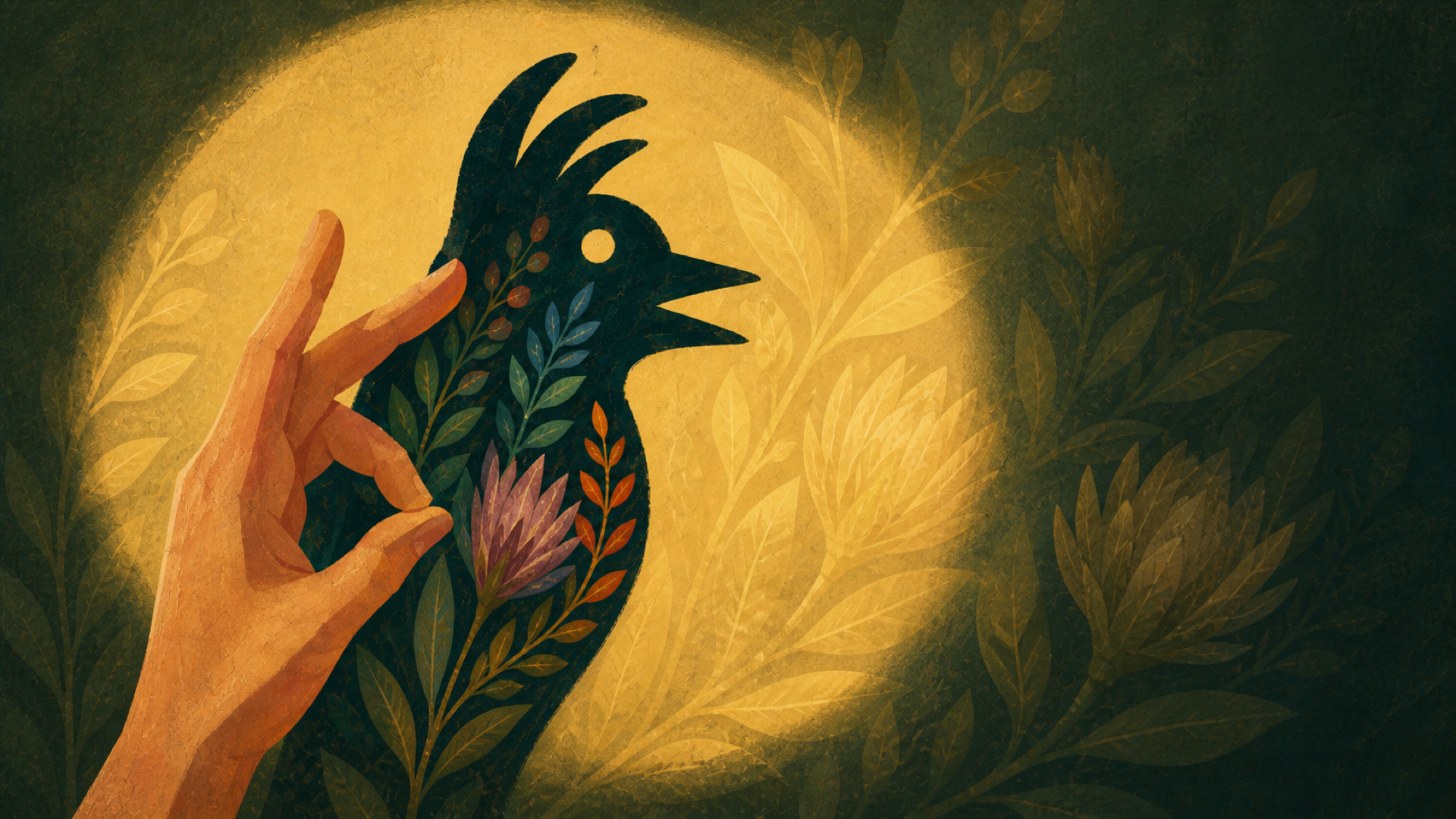 Third cover variation with a strong spotlight and subtle botanical forms in the background.