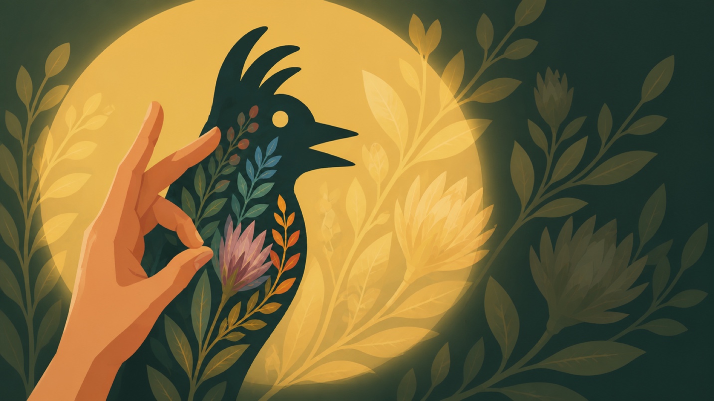 A cleaner vector-feeling test version of the hand, bird shadow, and botanical background.