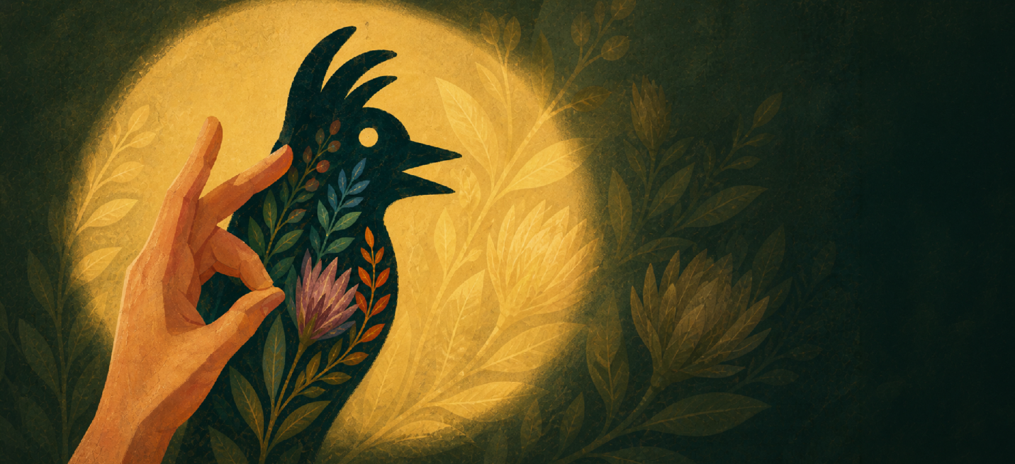 Final Assisted Intention header image with the corrected hand, bird shadow, spotlight, and botanical background.