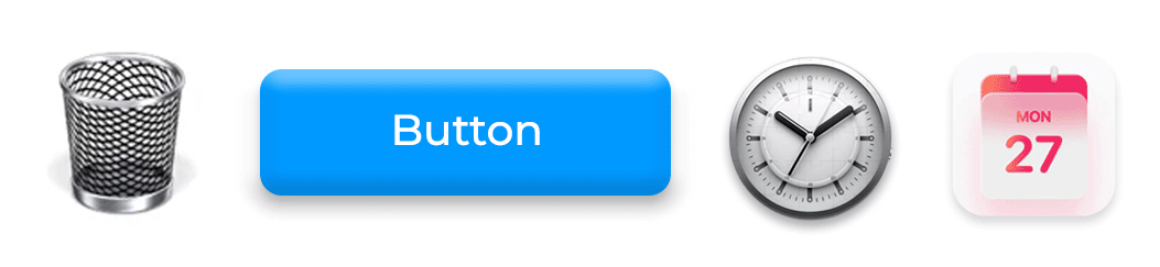 Examples of skeuomorphic interface elements, including a trash can icon, a beveled blue button, a clock, and a calendar icon.