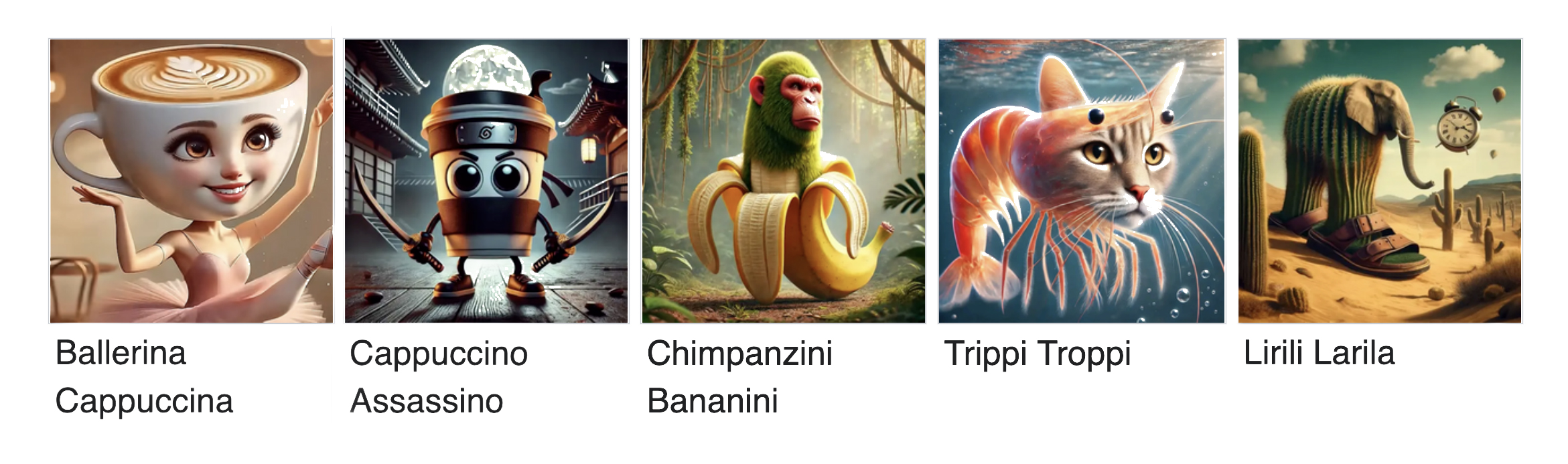 A collage of Italian brain rot characters including Ballerina Cappuccina, Cappuccino Assassino, Chimpanzini Bananini, Trippi Troppi, and Lirili Larila.