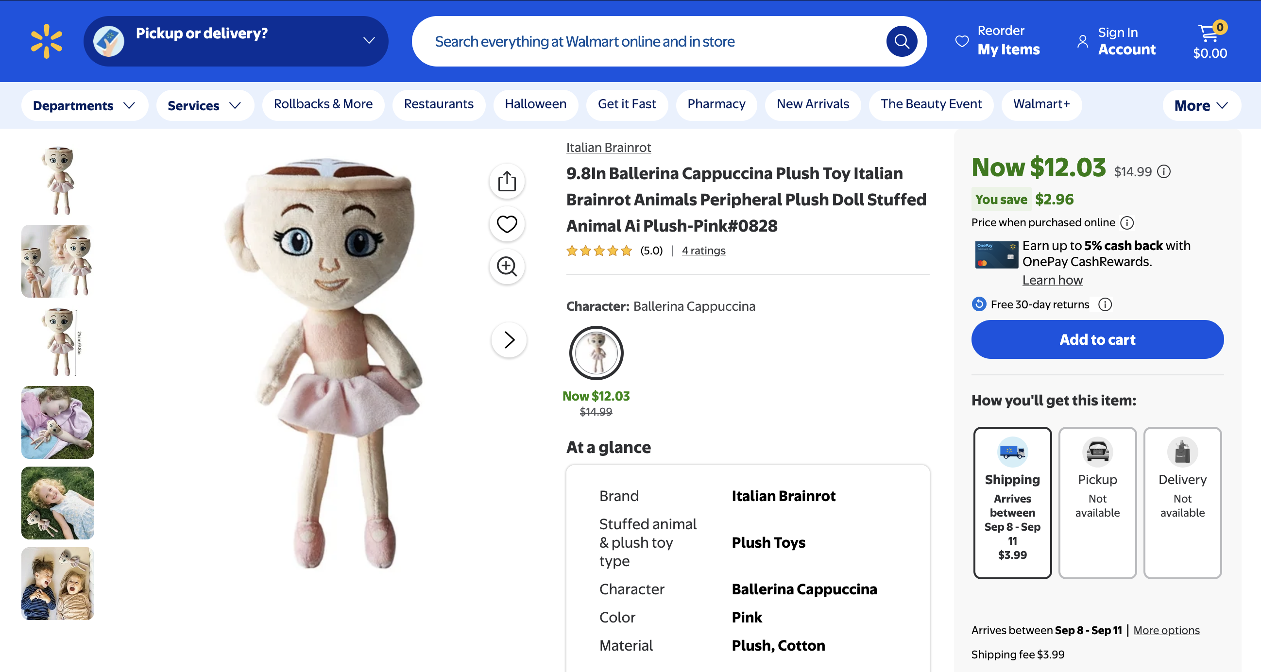 A Walmart product page for a Ballerina Cappuccina Italian Brainrot plush toy.