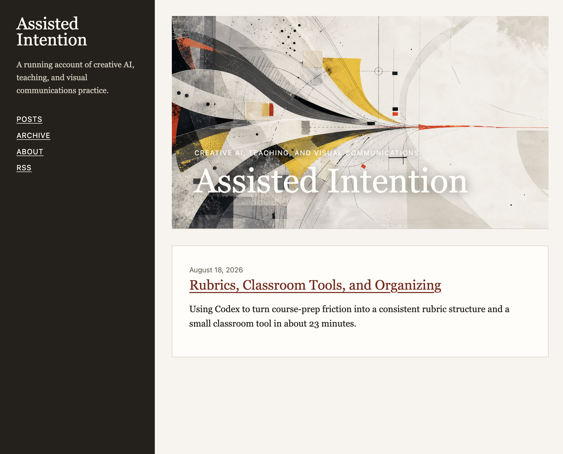 Early version of the Assisted Intention homepage with a left sidebar, abstract header image, and boxed post card.