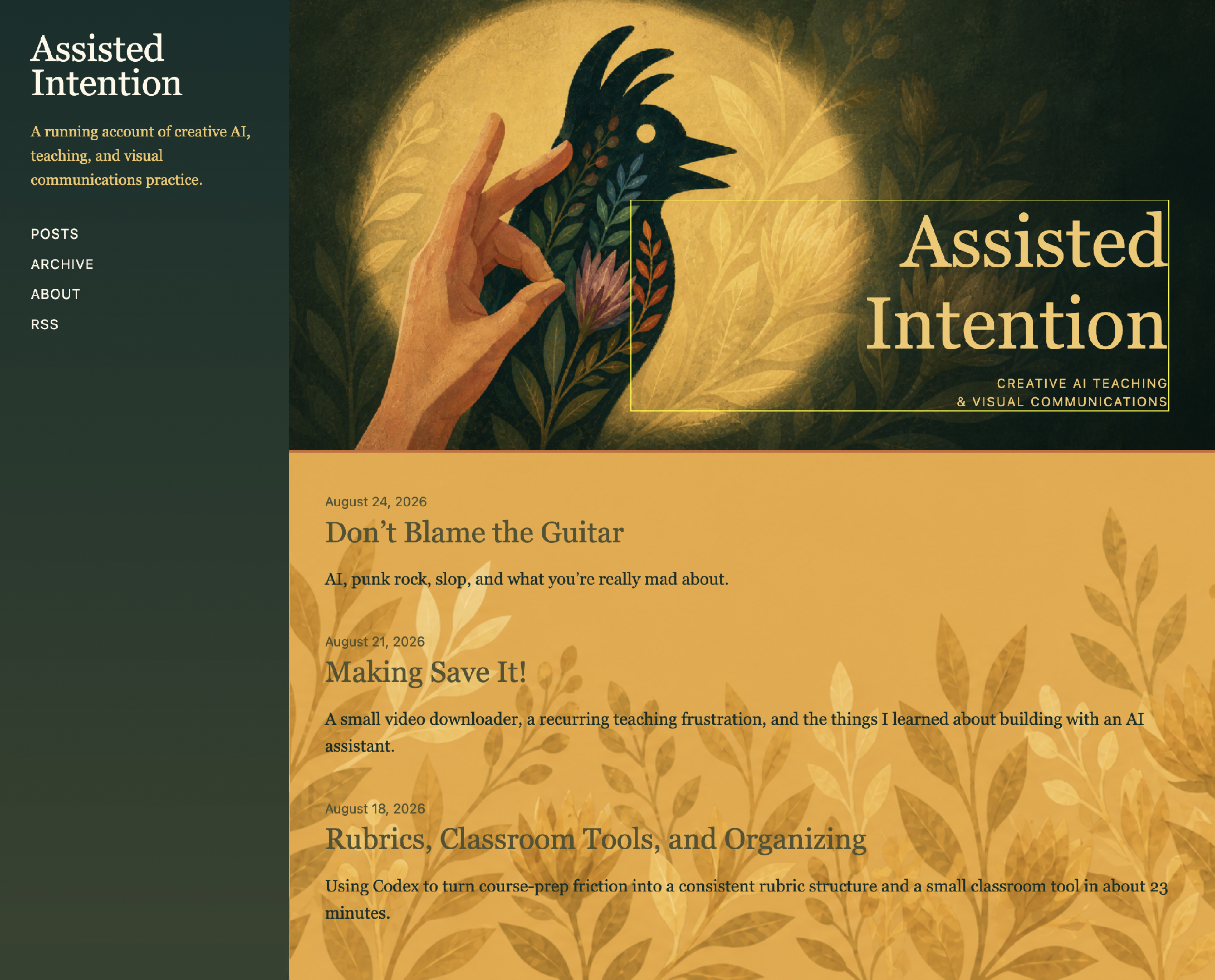 Later version of the Assisted Intention homepage using the shadow puppet header, warmer palette, left sidebar, and yellow botanical background.