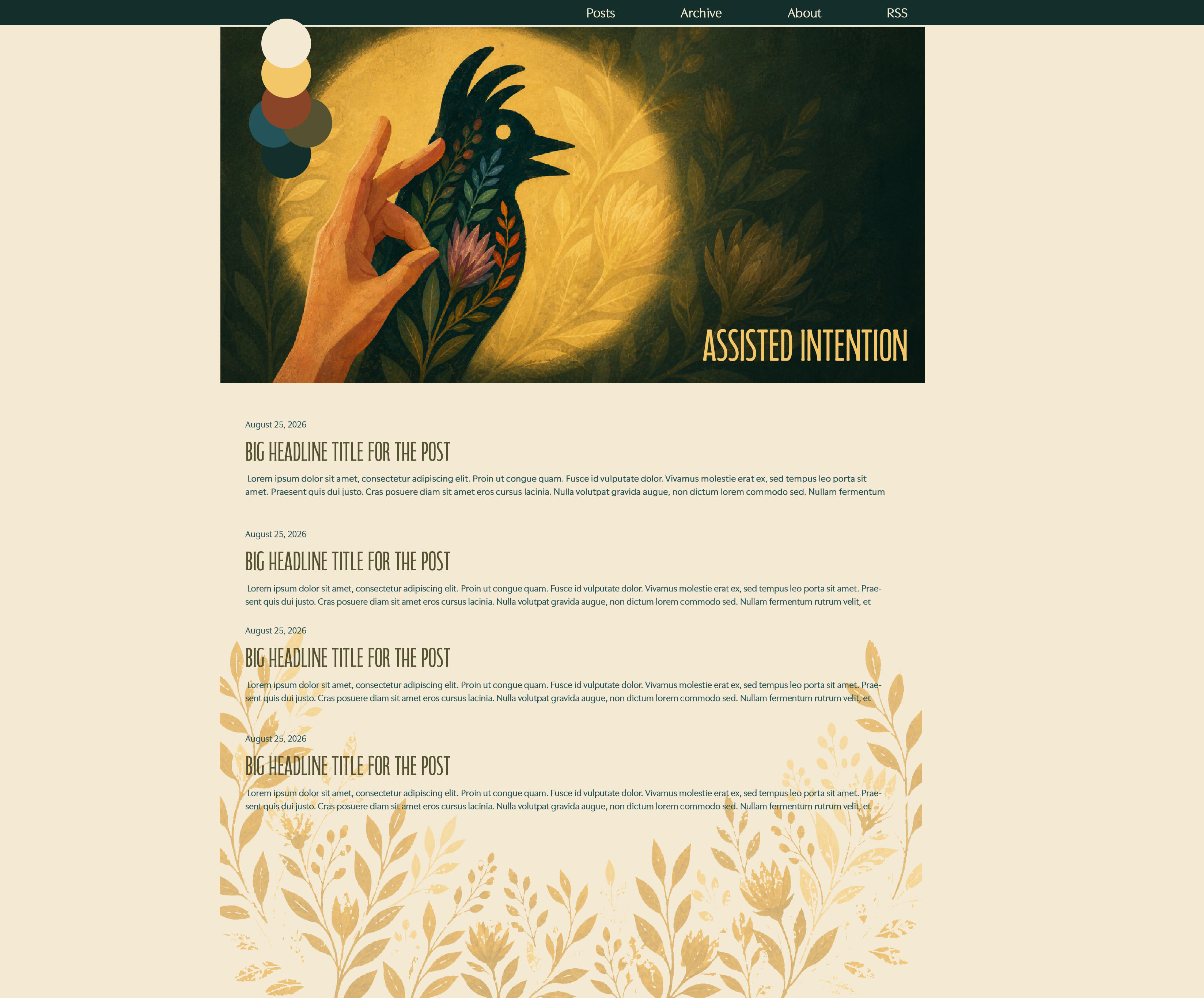 Photoshop mockup of the Assisted Intention homepage with top navigation, centered layout, new header image, paper background, and color dots.