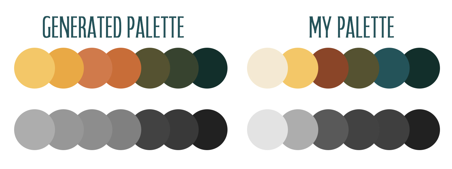 Comparison between the generated palette and Jason's revised palette, including color and grayscale swatches.