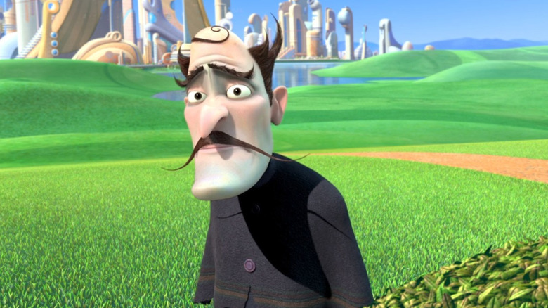 A cartoon villain standing in front of a futuristic city.