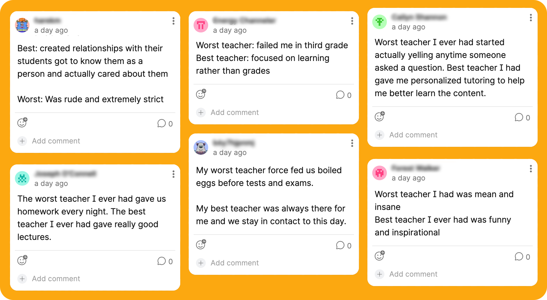 An anonymized Padlet board with student responses describing their best and worst teachers.