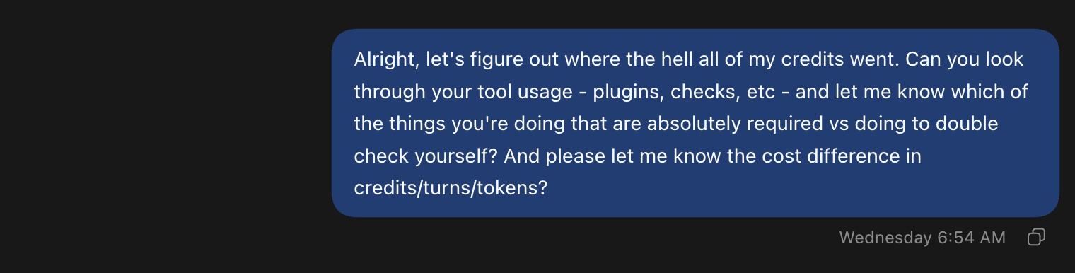 A Codex message asking for an audit of tool usage, checks, turns, tokens, and credit costs.