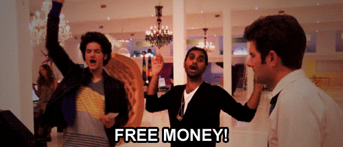 Three people celebrating under the words Free Money.